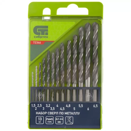 Набор сверл по металлу 1,5 - 6,5 мм 13 штук Р6М5 пластиковый кейс СИБРТЕХ артикул 72346 купить в Новом Уренгое