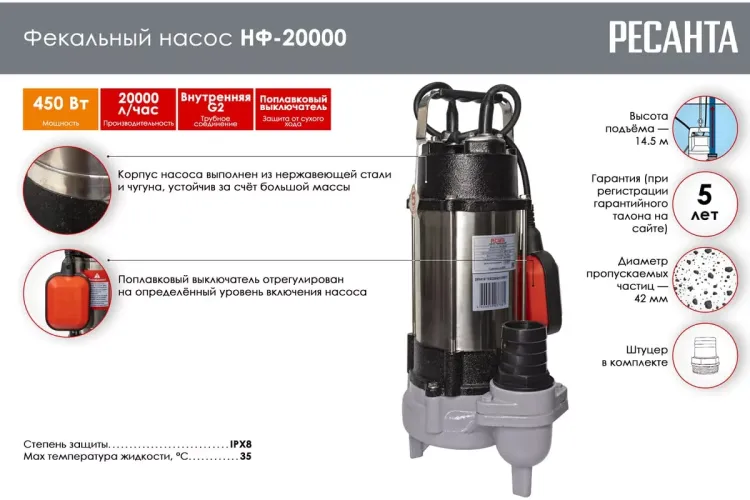Фекальный насос Ресанта НФ-20000 77/5/2 купить в Новом Уренгое