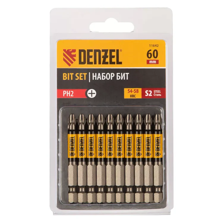 Бита PH2х60, сталь S2, цилиндр., 10 шт. Е 6,3 Denzel 11642 купить в Новом Уренгое