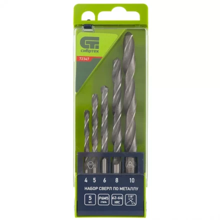 Набор сверл по металлу 4 - 10 мм 5 штук Р6М5 пластиковый кейс СИБРТЕХ артикул 72347 купить в Новом Уренгое