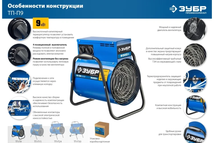 ЗУБР 9 кВт, электрическая тепловая пушка, Профессионал (ТП-П9) купить в Новом Уренгое