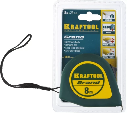 Рулетка KRAFTOOL GRAND, обрезиненный пластиковый корпус, 8м/25мм 34022-08-25 купить в Новом Уренгое
