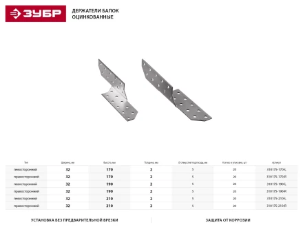 Держатель балки ЗУБР &quot;МАСТЕР&quot; левосторонний, 32х190мм, 20шт 310175-190-L купить в Новом Уренгое