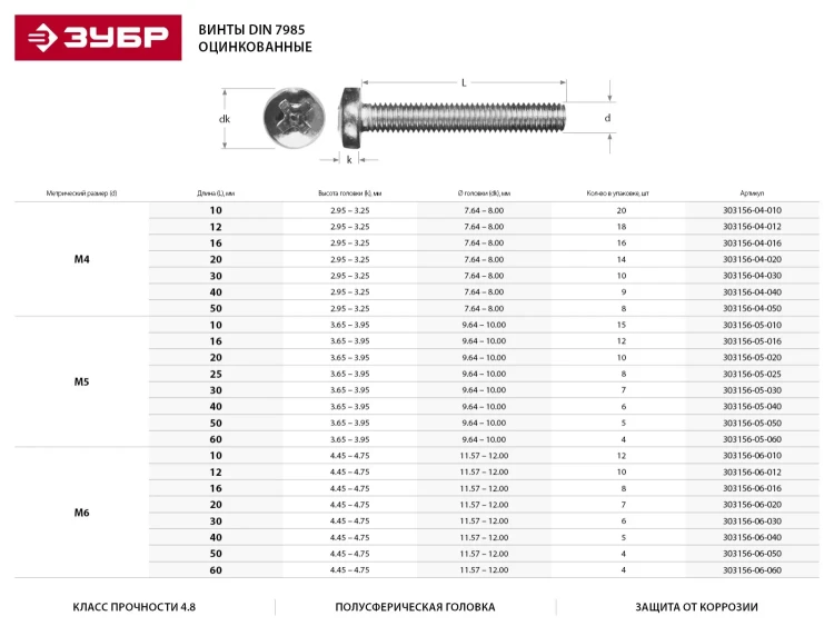 Винт DIN 7985 M5x30мм, 7шт, кл. пр. 4.8, оцинкованный, ЗУБР 303156-05-030 купить в Новом Уренгое