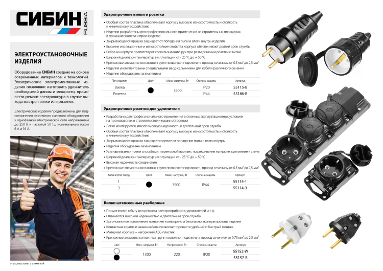 Вилка СИБИН электрическая, разборная, 6А/220В, черная 55152-B купить в Новом Уренгое
