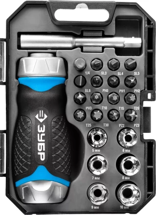 Набор ЗУБР &quot;ПРОФЕССИОНАЛ&quot;: Отвертка реверсив с двухкомп рукоят, насадки, CrMo, рукоят с отсеком для хранения бит, 24 предмета 25353-H24 купить в Новом Уренгое