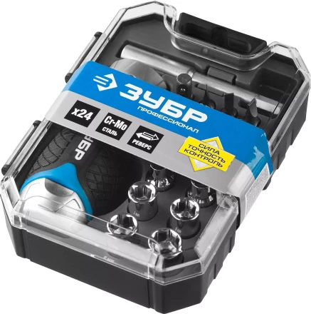 Набор ЗУБР &quot;ПРОФЕССИОНАЛ&quot;: Отвертка реверсив с двухкомп рукоят, насадки, CrMo, рукоят с отсеком для хранения бит, 24 предмета 25353-H24 купить в Новом Уренгое
