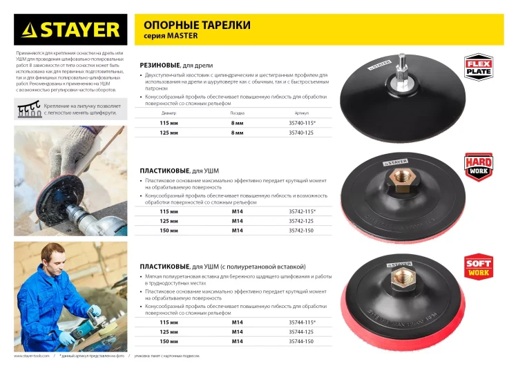 Тарелка опорная STAYER "MASTER" пластиковая для УШМ на липучке, полиуретановая вставка, d=115 мм, М14 35744-115 купить в Новом Уренгое