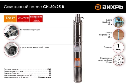 Скважинный насос Вихрь СН-60/25 В 68/3/14 купить в Новом Уренгое