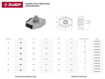Зажим троса ЗУБР одинарный, оцинкованный, 8мм, 2 шт 4-304436-08 купить в Новом Уренгое