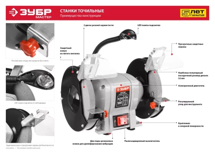 Станок точильный увеличенная мощность + лампа подсветки ЗТШМ-150-250 серия МАСТЕР купить в Новом Уренгое