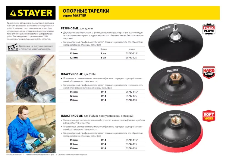 Тарелка опорная STAYER "MASTER" пластиковая для УШМ на липучке, полиуретановая вставка, d=150 мм, М14 35744-150 купить в Новом Уренгое