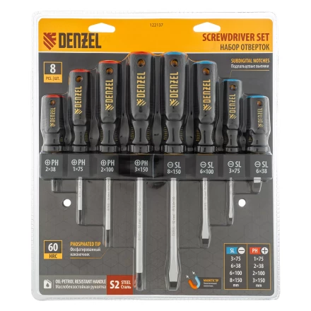Набор отверток на полке Denzel, 8 шт., PH+SL, S2, 3к рукоятка, 122137 купить в Новом Уренгое