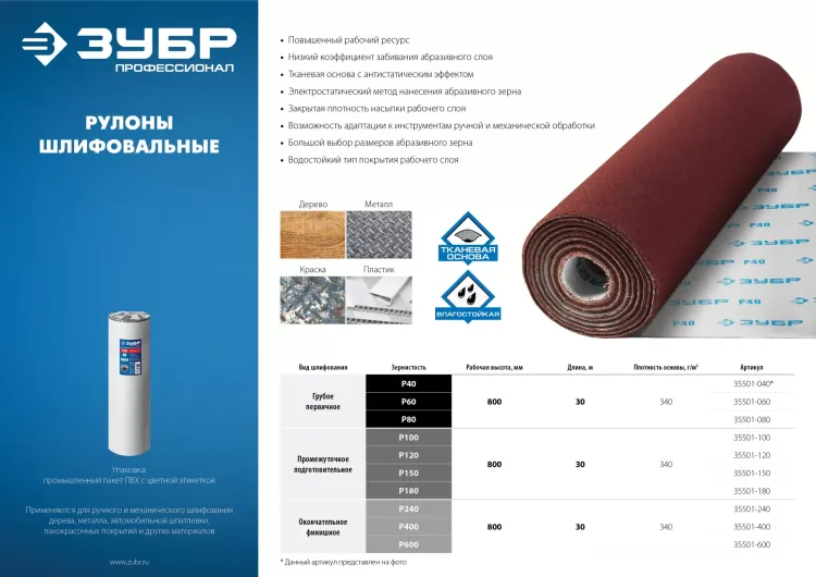 ЗУБР Р240, 800 мм, 30 м, водостойкий, шлифовальный рулон на тканевой основе, Профессионал (35501-240) купить в Новом Уренгое