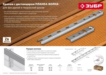 ЗУБР Планка-Волна, 75 мм, цинк, 160 шт, крепеж для монтажа фасадной и террасной доски (30703-75) купить в Новом Уренгое