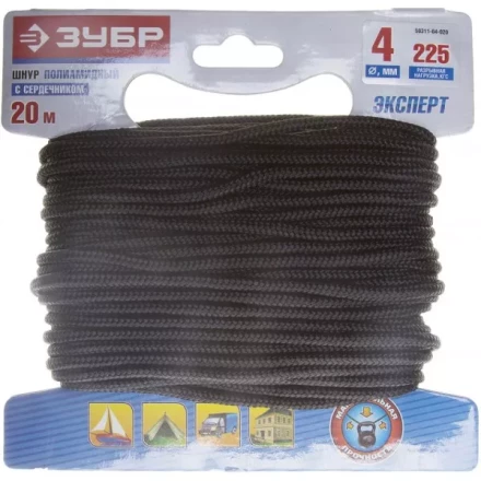 Шнур ЗУБР полиамидный, плетеный, повышенной нагрузки, с сердечником, черный, d 4, 20м 50311-04-020 купить в Новом Уренгое