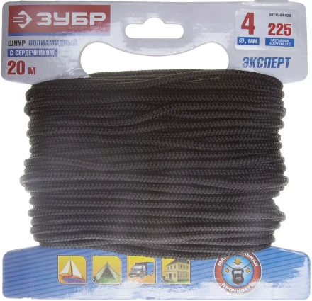 Шнур ЗУБР полиамидный, плетеный, повышенной нагрузки, с сердечником, черный, d 4, 20м 50311-04-020 купить в Новом Уренгое