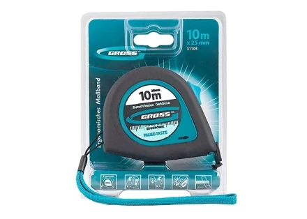 Рулетка &quot;Ergonomisch&quot;,10 м x 25 мм, магнитный обрезиненный зацеп  GROSS 31105 купить в Новом Уренгое