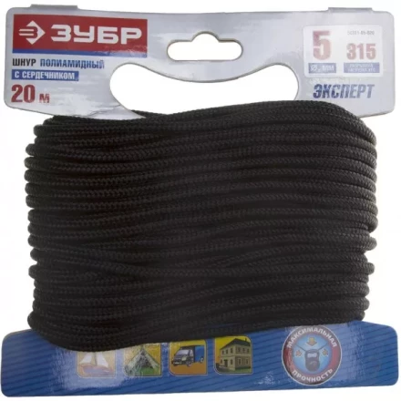 Шнур ЗУБР полиамидный, плетеный, повышенной нагрузки, с сердечником, черный, d 5, 20м 50311-05-020 купить в Новом Уренгое