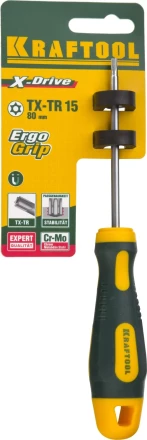 Отвертка KRAFTOOL, Cr-Mo-V сталь, двухкомпонентная противоскользящая рукоятка, TORX Hole, №15x80мм 250077-15-080 купить в Новом Уренгое