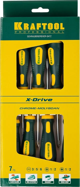 Набор X-Drive, KRAFTOOL 250081-H7: Отвертки профессиональные, SL: 3x80, 5x100, 6x125; PH: 1x80, 2x100; PZ: 1x80, 2x100 250081-H7 купить в Новом Уренгое