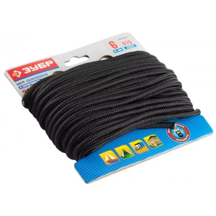 Шнур ЗУБР полиамидный, плетеный, повышенной нагрузки, с сердечником, черный, d 6, 20м 50311-06-020 купить в Новом Уренгое