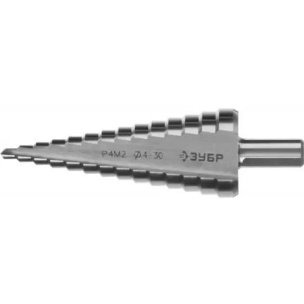 Сверло ЗУБР &quot;МАСТЕР&quot; ступенчатое по сталям и цвет.мет., быстрорежущая сталь, d=4-30мм, 14ступ.d=4-30, L-100мм, трехгран. хв.10мм 29665-4-30-14 купить в Новом Уренгое