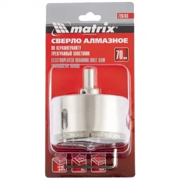 Сверло алмазное по керамограниту 70 х 67 мм 3-гранный хвостовик MATRIX 726703 купить в Новом Уренгое