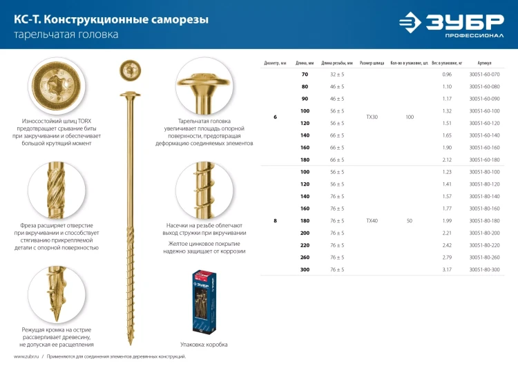 ЗУБР КС-Т, 70 х 6.0 мм, TX30, тарельчатая головка, желтый цинк, 100 шт, конструкционный саморез, Профессионал (30051-60-070) купить в Новом Уренгое