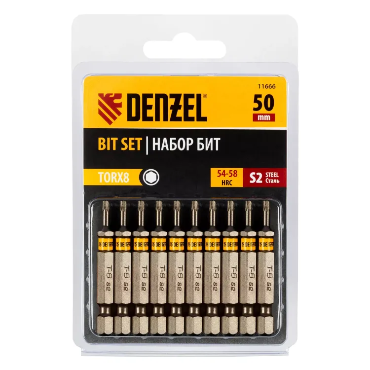 Бита TX 8х50, сталь S2, шестигранный профиль, 10 шт. Е 6,3 Denzel 11666 купить в Новом Уренгое