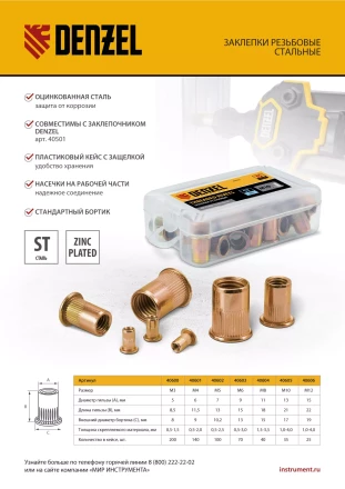 Заклепки резьбовые, стальные, оцинкованные, М6, пластиковый кейс, 70 шт. Denzel 40603 купить в Новом Уренгое