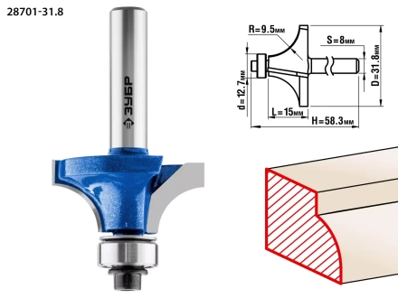 ЗУБР 31.8 x 15 мм, радиус 9.5 мм, фреза кромочная калевочная №1, Профессионал (28701-31.8) купить в Новом Уренгое
