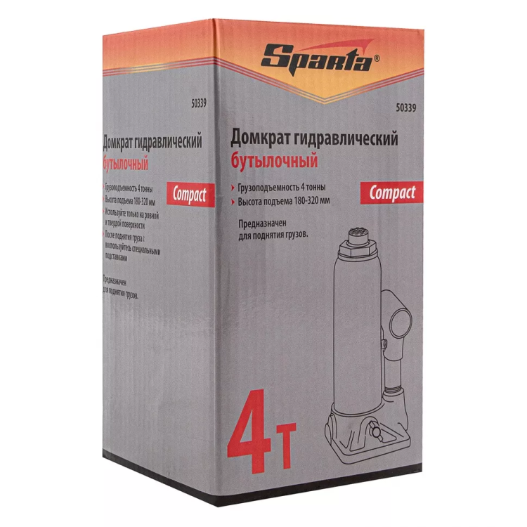 Домкрат гидравлический бутылочный, 4 т, h подъема 180–320 мм Sparta Compact 50339 купить в Новом Уренгое