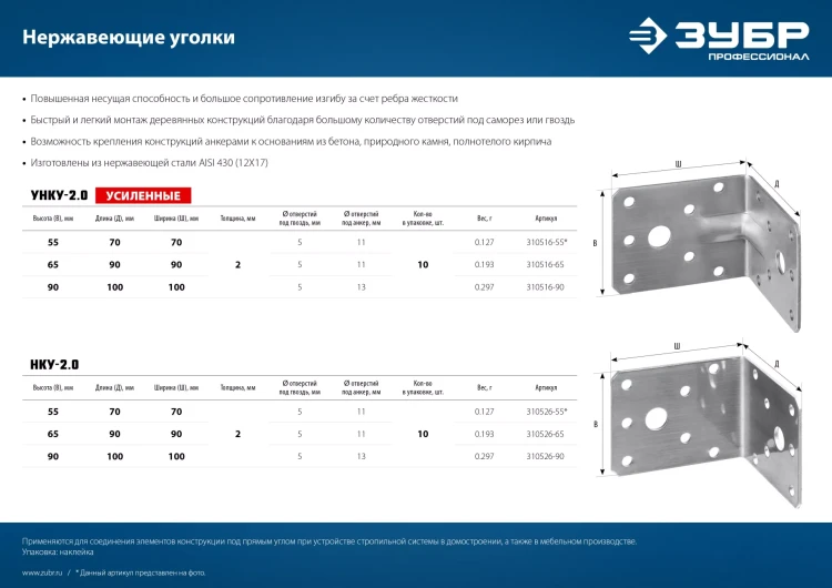 ЗУБР НКУ-2.0, 90 x 100 x 100 x 2 мм, нержавеющий крепежный уголок, Профессионал (310526-90) купить в Новом Уренгое