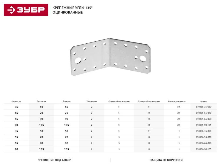 Крепежный угол ЗУБР "МАСТЕР" 135 град, 55х70х70мм, 20шт 310135-55-070 купить в Новом Уренгое
