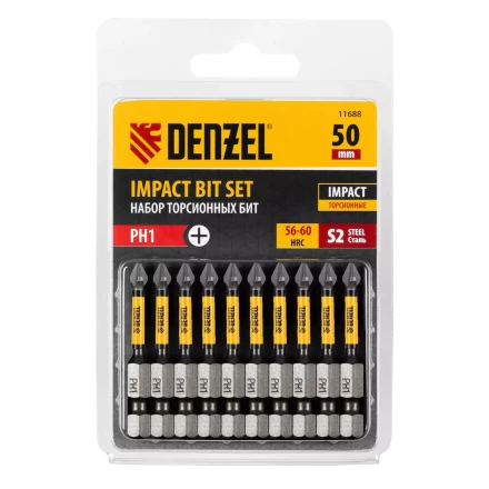 Бита IMPACT, PH1x50 мм, лазерная обработка шлица, сталь S2, 10 шт., Е 6,3 Denzel 11688 купить в Новом Уренгое