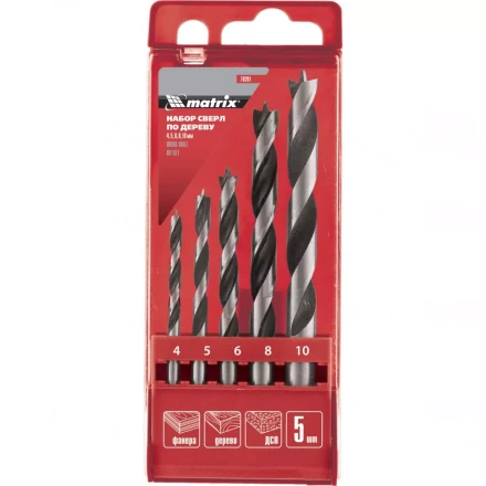 Набор сверл по дереву 4-5-6-8-10мм  цилиндрический хвостовик пластиковый кейс MATRIX 70281 купить в Новом Уренгое