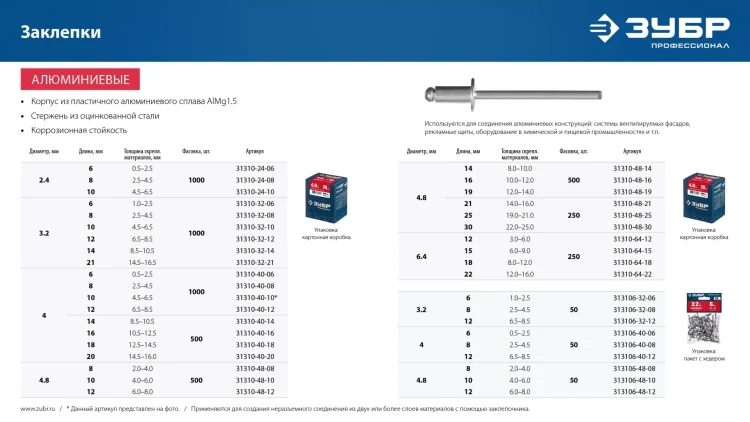 ЗУБР 4.8 x 10 мм, 50 шт, алюминиевые заклепки, Профессионал (313106-48-10) купить в Новом Уренгое