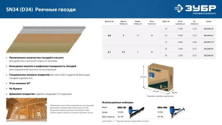 ЗУБР SN34 (D34) 50 х 2.8 мм, реечные гвозди рифленые оцинкованные, 5000 шт (305399-50) купить в Новом Уренгое