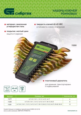 Набор ключей рожковых 6-17 мм, 6 шт, желтый цинк Сибртех 15279 купить в Новом Уренгое