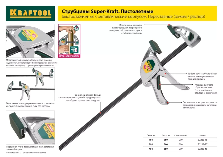 Струбцина KRAFTOOL, рычажная, быстрозажимная, тип "F", 75х200 мм 32019-75-200 купить в Новом Уренгое