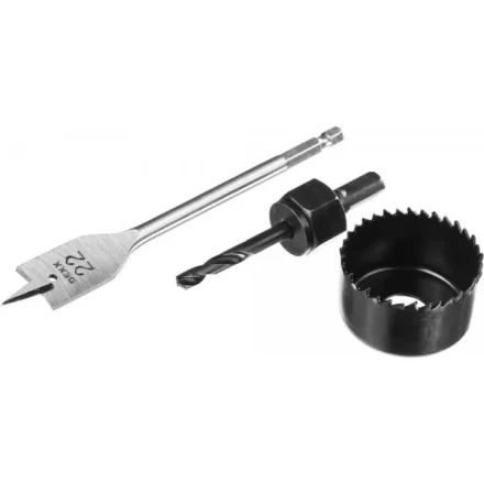 Набор для врезки замков DEXX: Коронка-чашка d=54мм, сверло перовое d=22мм, центрирующее сверло d=6мм 2949-54-H3 купить в Новом Уренгое