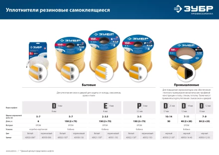 ЗУБР 150 м, E-профиль, размер 9 х 4 мм, белый, самоклеящийся резиновый уплотнитель, Профессионал (40921-150) купить в Новом Уренгое