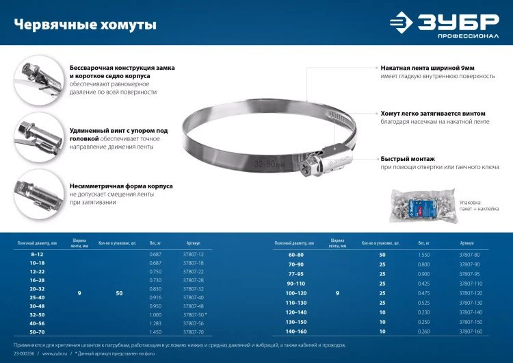 ЗУБР Х-9Н, 140 - 160 мм, накатная лента 9 мм, цинк, 10 шт, червячный хомут (37807-160) купить в Новом Уренгое
