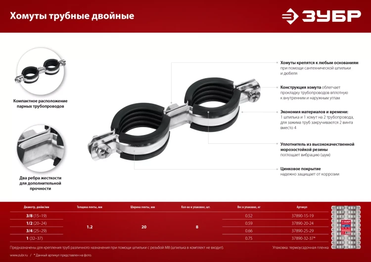 ЗУБР 3/8, цинк, 8 шт, двойной трубный хомут (37890-15-19) купить в Новом Уренгое