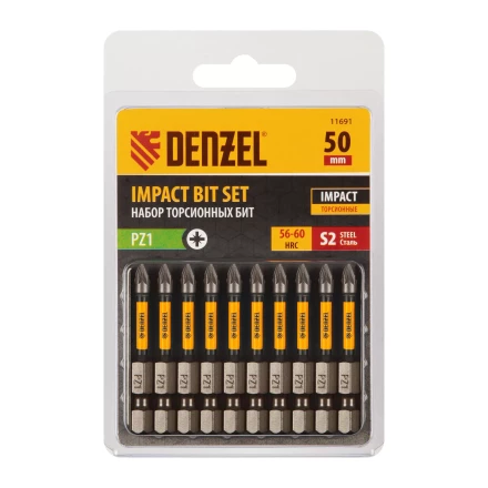 Бита IMPACT, PZ1x50 мм, лазерная обработка шлица, сталь S2, 10 шт., Е 6,3 Denzel 11691 купить в Новом Уренгое