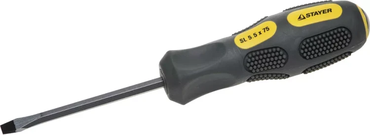 Отвертка STAYER "PROFESSIONAL" "MAX-GRIP" ударная, двухкомпонентная рукоятка, магнит наконечник, Cr-V, SL 5,5x75мм 25823-05-075 G купить в Новом Уренгое