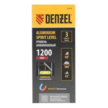 Уровень алюминиевый Denzel 33694, магнит, фрезерованный, 3 глазка (1 зеркал.), 0,5 мм/м, 1200 мм купить в Новом Уренгое