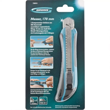 Нож 170 мм обрезин. ABS - корпус выдв.сегм.лезвие 18 мм SK-5 метал. напр-щая + 5 лезвий GROSS 78893 купить в Новом Уренгое