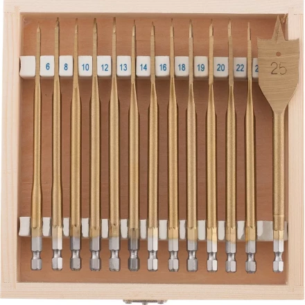 Набор сверл перовых по дереву 6-8-10-12-13-14-16-18-19-20-22-24-25 мм 13 штук деревянный кейс MATRIX 70442 купить в Новом Уренгое